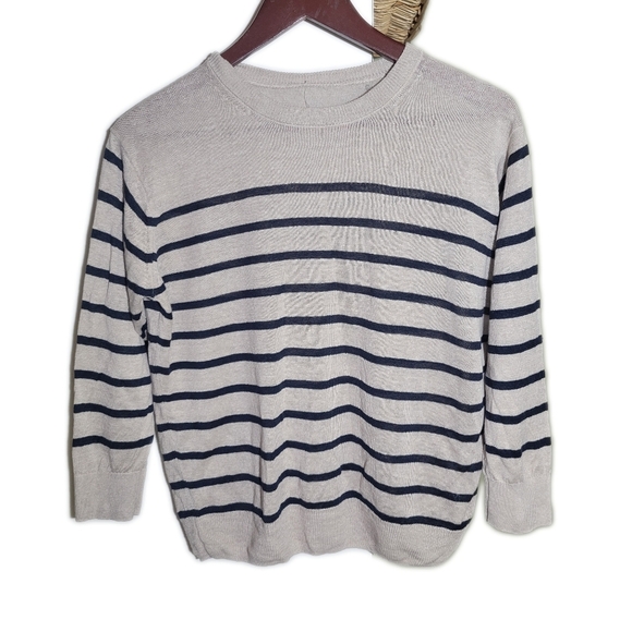 ❤️ 3 for $35 linen striped crew neck 3/4 sleeve loose fit knit sweater small - Picture 1 of 5